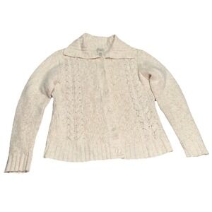 Vtg LL Bean Womens Fisherman Sweater Size L Cream Speckled Knit‎ Button Cardigan